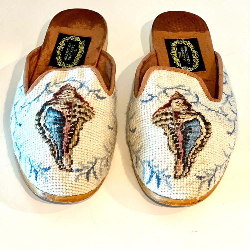 Larkspur Collection Embroidered Mules/Slides - seashell pattern